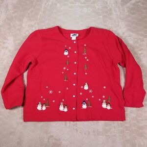 Vintage Metropolitan Women's Size Lg Red Christmas Tree Snowman Cardigan Sweater